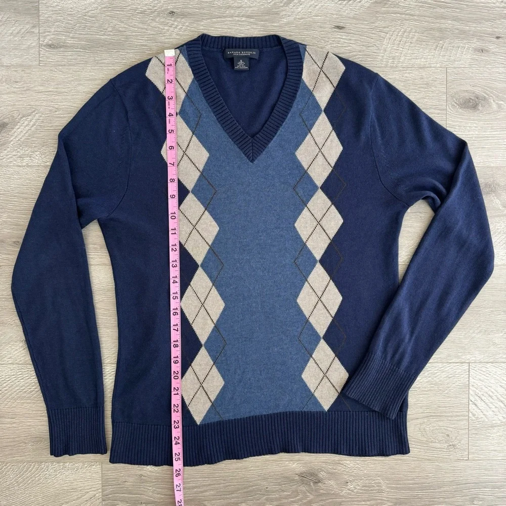 Banana Republic V-Neck Silk Cashmere Blend Argyle Sweater Navy Blue Size Small
